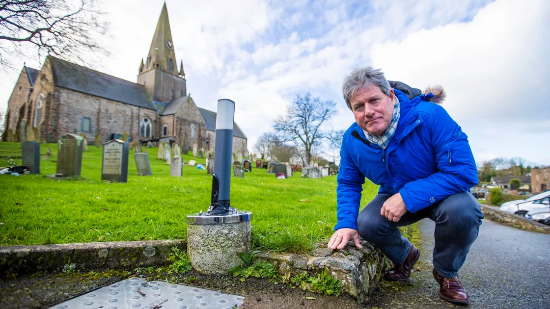 Picture by Sophie Rabey.  06-03-20.  The lights which line the cemetery path at Castel Church have been vandalized.  Chris Workman, the church warden, said that the damage was caused last weekend.. (27384525)