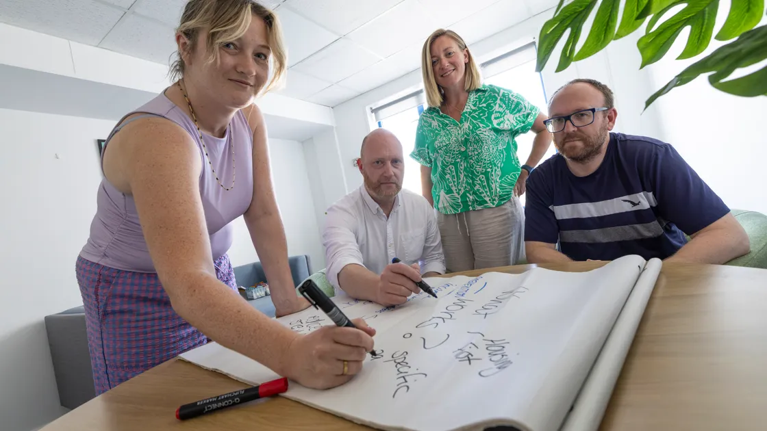 At Home in Guernsey welcomed the return of Homeless Network Scotland to work on the development of Guernsey’s homelessness delivery and implementation plan in partnership with the Committee for Housing. Left to right, Michelle Major, Jamie Milne, Charlie Cox and Garry Collins. (Picture by Peter Frankland, 34834069)