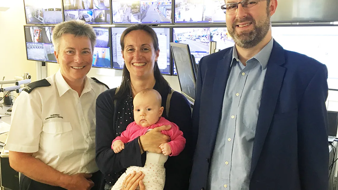 Left to right: JESCC operator Ali Brown, Marie Le Masurier, Fleur Le Masurier and Aaron Le Masurier when they visited to say thank you to Ali.