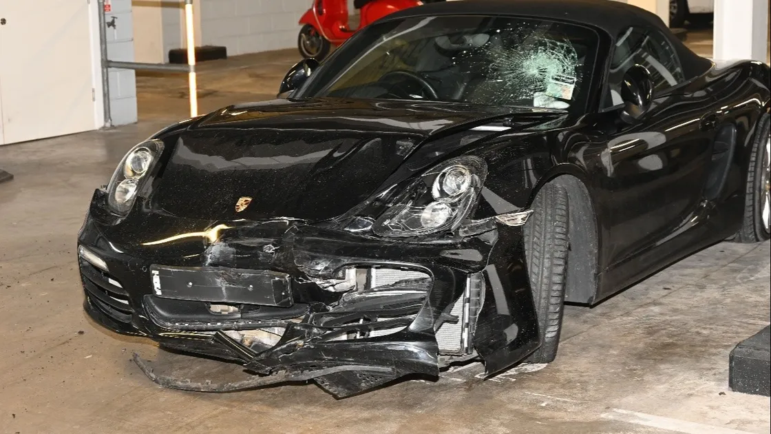 James Armstrong, 35, of Brockenhurst, Hampshire, admitted dangerous driving and failing to report an accident after crashing this Porsche Boxster into a line of parked cars along St George’s Esplanade. He received a suspended prison term after admitting dangerous driving. (Picture from Guernsey Police, 34877952)