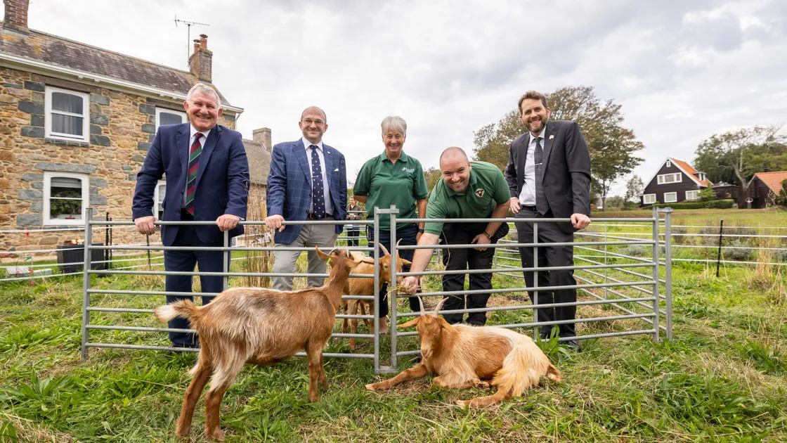 Right, US-based John Deichler, the seigneur of land in Guernsey, visiting the Guernsey Golden Goats with Lt-Governor Sir Richard Cripwell, left, Brady Brim-DeForest, Felicity Quevatre-Malcic and Will Harford-Fox. 				 (Picture by Sophie Rabey, 34966022)