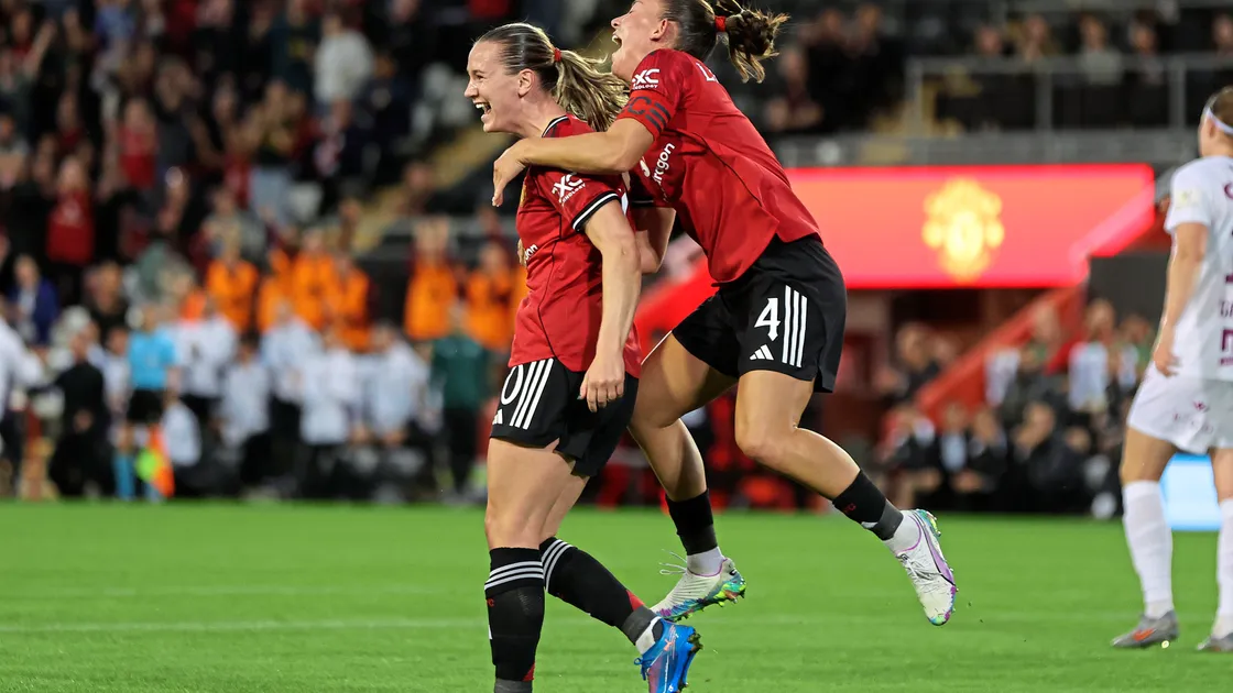 Maya Le Tissier congratulates hat-trick heroine Elisabeth Terland on the second of her goals against Brann