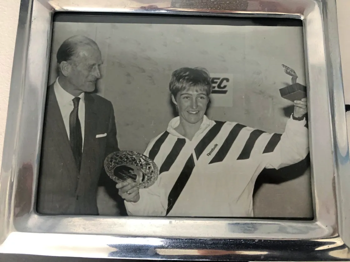 Guernsey squash Lisa Opie with Prince Philip at Wembley Conference Centre in April 1991 after she won the British Open.