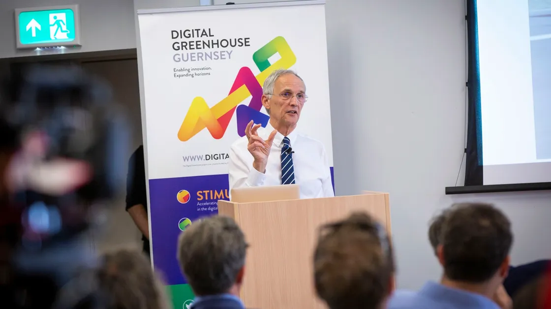 Mark Harrisson from Harrisson Aviation giving a presentation at the Digital Greenhouse – primarily about electric aircraft, but also the possibility of reaching Herm by electric ferry. (Picture by Sophie Rabey, 28553754)