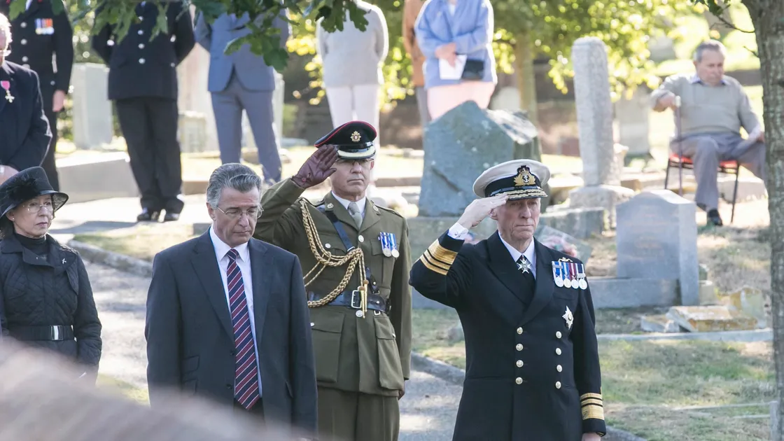 Pic by Adrian Miller 27-09-20 Foulon Cemetery. Remembrance service for H.M.S. Charybdis and H.M.S. Limbourne .  salute from Lt Governor Vice Admiral Sir Ian Corder.. (28735071)