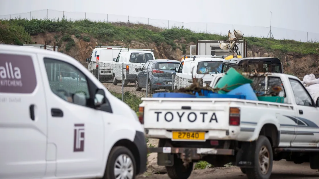 Picture by Sophie Rabey.  27-04-20.  Green Waste sites are back open today to the public today after Coronavirus Lockdown.  They are running at reduced opening hours and subject to health and safety restricions.  Chouet green waste site - backed up traffic from 8am this morning.. (28163318)
