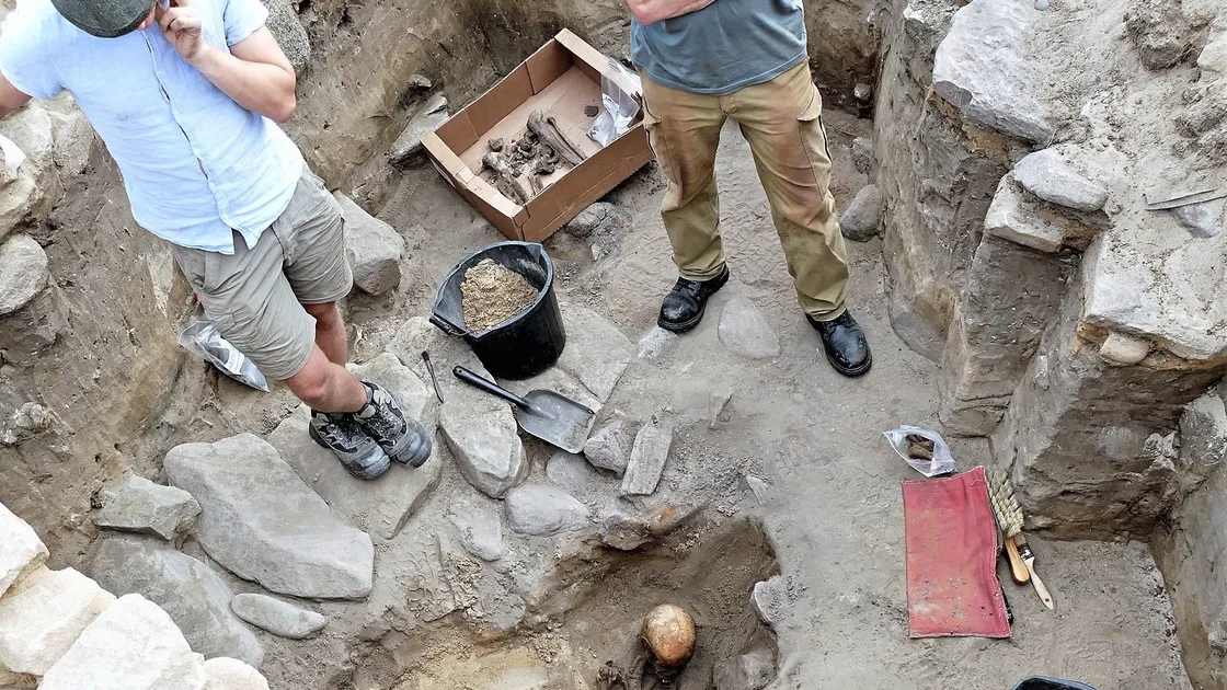 States archaeologist Phil de Jersey, in the straw hat, examines one of the Alderney skeletons. Photo: David Nash. (29471665)