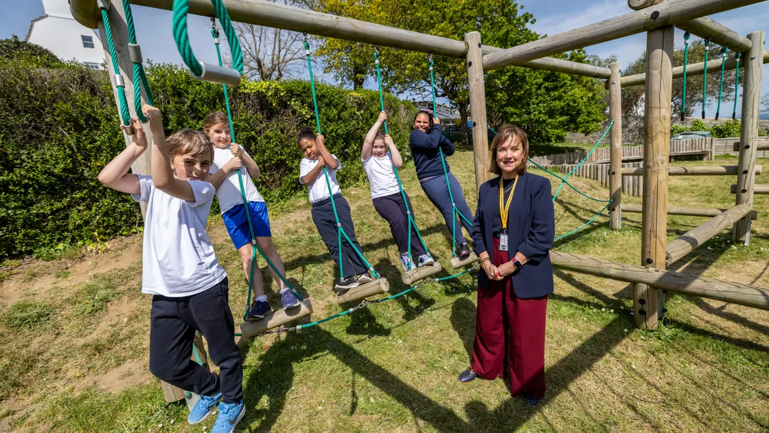 Notre Dame Primary School has gained four goods and an excellent in its latest Ofsted inspection. Headteacher Mary Robertshaw is pictured with pupils, from left to right, Oliver Brito, Emily Davies, Adessa Gua, Elizabeth Andrade and Gisell De Barros.					 (Picture by Sophie Rabey, 34720427)