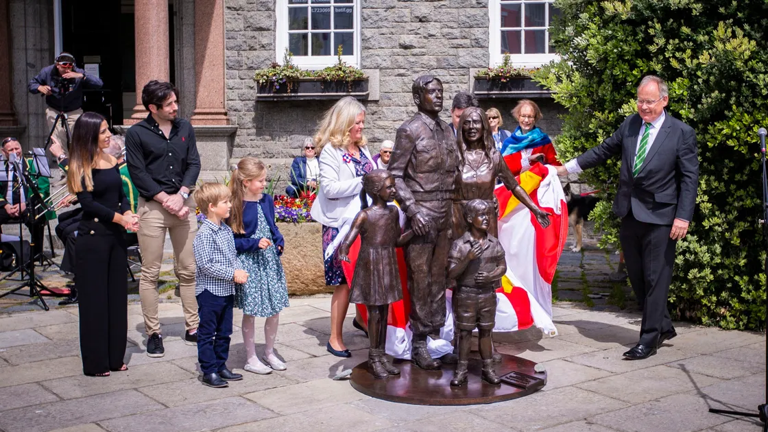 Guernsey’s Liberation statue, Past, Present, Future was unveiled yesterday by former Bailiff, Sir Richard Collas. There for the occasions were the four models, left to right, Erica de Sousa, 31, Harry Turner, 29, Rupert Glencross, 4, and Sylvia Glencross, 8. (29529045)