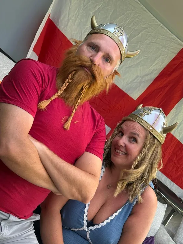 Ahead of England v Norway, horned headgear is modelled by Matthew and Ceri Smale – a fine pair of helmets.