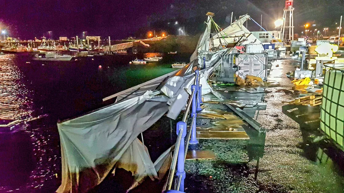 Parts of the Covid testing tent on the Victoria Pier ended up in the sea last night as the wind blew hard from the west. (Picture by Tony Rive, 30115027)