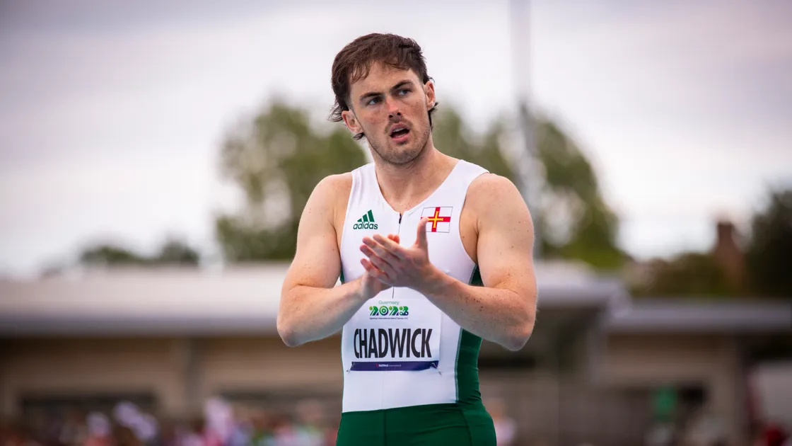 Joe Chadwick gives his thanks to the home crowd after running at the Guernsey 2023 Island Games.