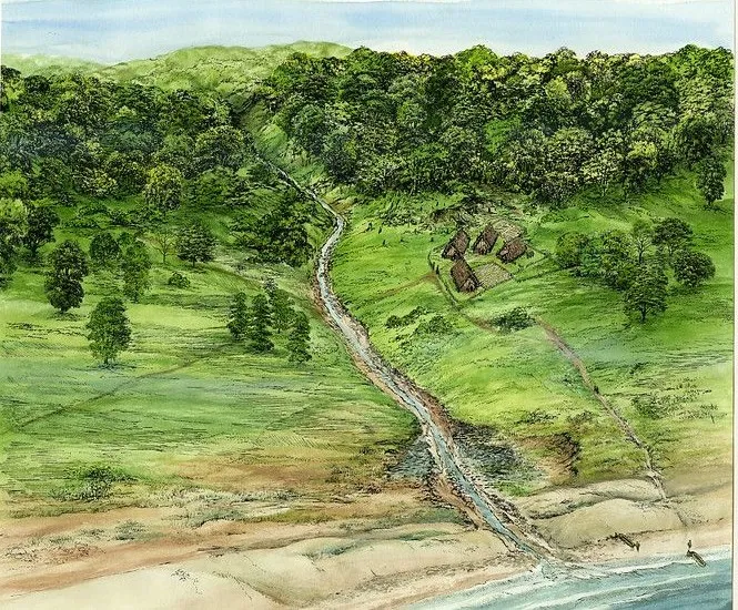 An impression by artist Brian Byron of the Early Neolithic settlement on the site of the now-demolished Royal Hotel in St Peter Port. 