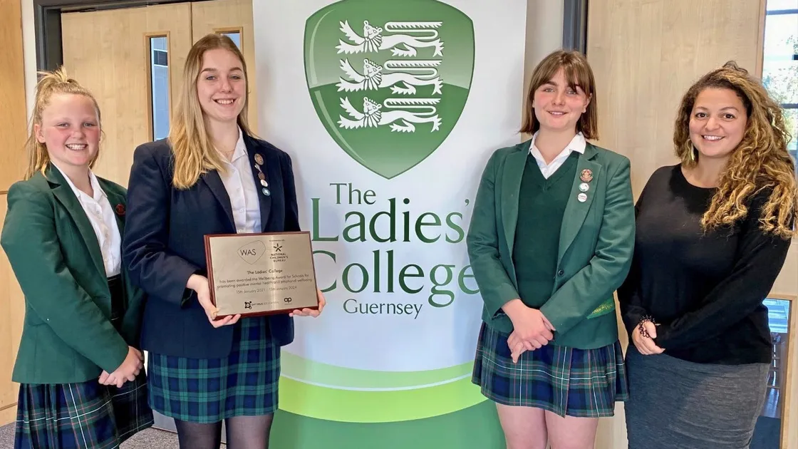 The Ladies’ College has become the first Channel Island secondary school to receive the national Wellbeing Award for Schools, with Melrose the first primary school in 2019. Pupils left to right are Amelie Rochester, Nicole Hubert and Sophie Kent and with vice principal (pastoral) Dr Vanessa Mitchell, who led the award process. (Picture supplied by The Ladies’ College)