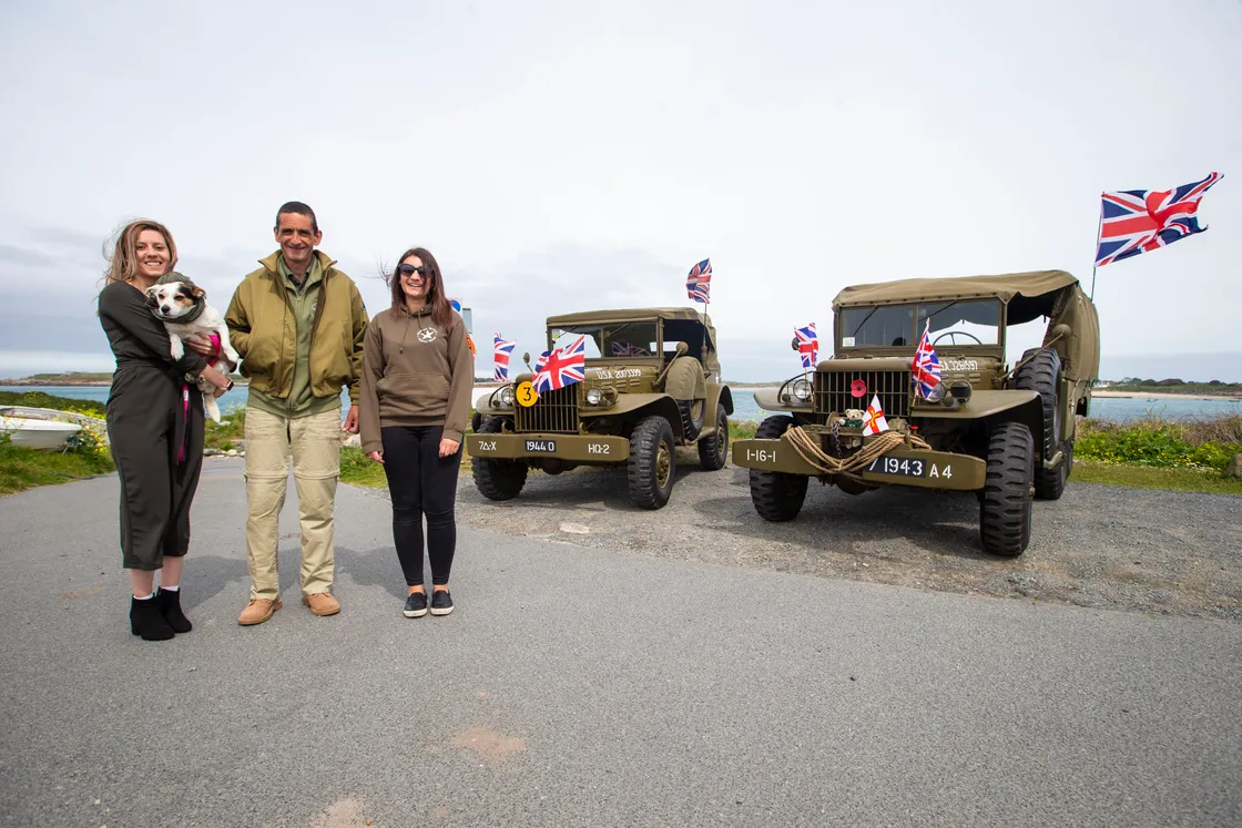 Picture by Sophie Rabey.  04-05-20.  Guernsey Military Vehicle Group have had to change their plans that they had in place for the 75th Liberation Day here this year because of Coronavirus Lockdown.  Instead of the usual cavalcade they will be posting videos on their social media throughout the day to show islanders some of their members military vehicles.  Dyer family, L-R Sophie, Stuart and Laura.. (28240603)