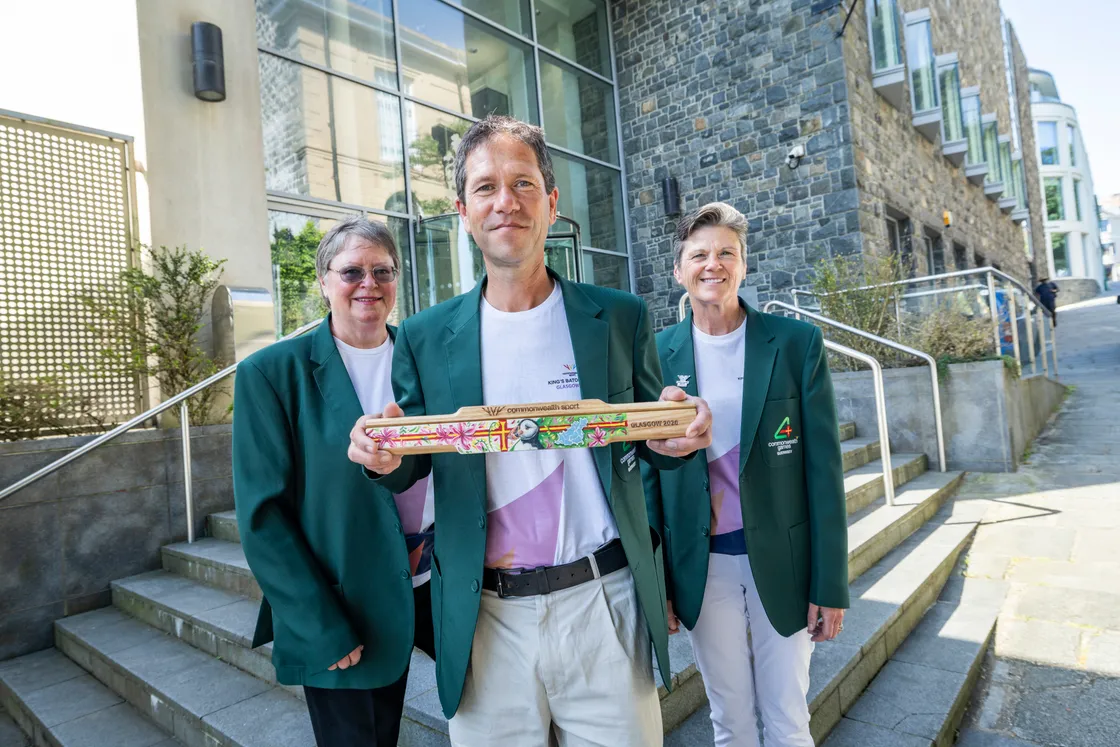 GCGA representatives Angela Stuart, Peter Jory and Karina Jackson with the Guernsey baton to be presented at the opening ceremony.