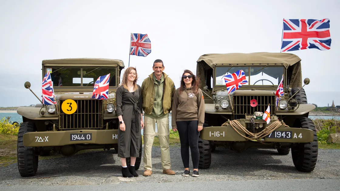 Picture by Sophie Rabey.  04-05-20.  Guernsey Military Vehicle Group have had to change their plans that they had in place for the 75th Liberation Day here this year because of Coronavirus Lockdown.  Instead of the usual cavalcade they will be posting videos on their social media throughout the day to show islanders some of their members military vehicles.  Dyer family, L-R Sophie, Stuart and Laura.. (28240588)