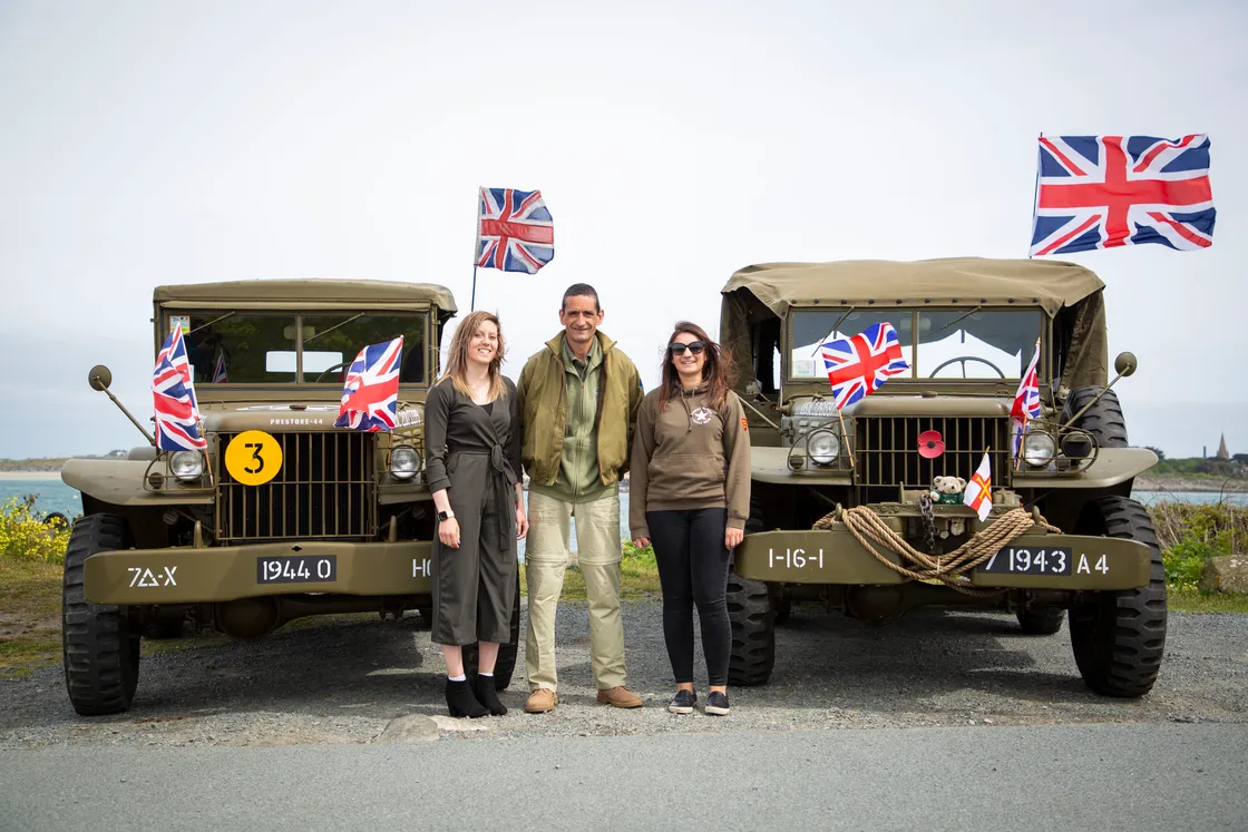 Picture by Sophie Rabey.  04-05-20.  Guernsey Military Vehicle Group have had to change their plans that they had in place for the 75th Liberation Day here this year because of Coronavirus Lockdown.  Instead of the usual cavalcade they will be posting videos on their social media throughout the day to show islanders some of their members military vehicles.  Dyer family, L-R Sophie, Stuart and Laura.. (28240588)