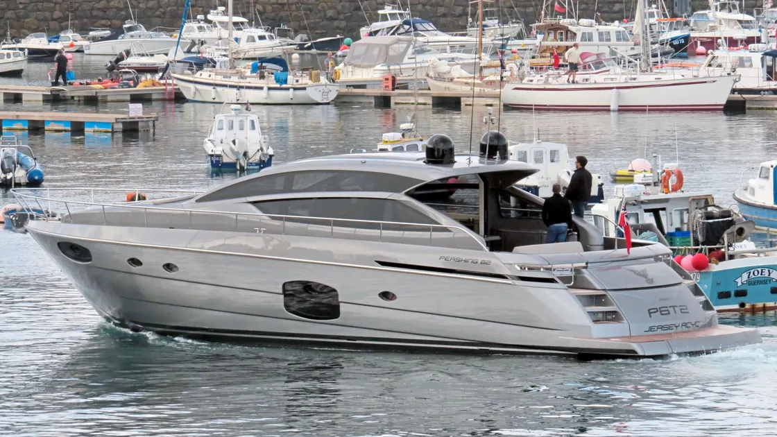 The 62ft Pershing motor cruiser, P6T2, issued a mayday distress call after hitting a large navigation marker buoy as it was approaching St Helier harbour.                                                                     (Picture by Tony Rive)