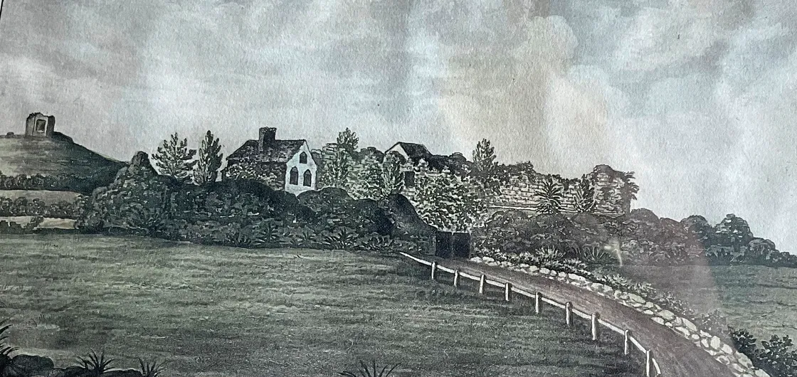An artist drawing of the Ivy Castle circa 1800 with a mystery building lurking in the west.