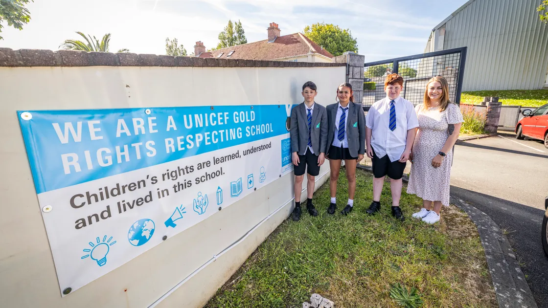 Les Voies School has been awarded Gold by Unicef UK’s Rights Respecting School programme, making it one of only a few social, emotional and mental health schools to have achieved the status. Left to right, Riley Corbin, 14, Lily Griffiths-Ali, 13, Chester Hockey, 11, and teacher and rights respecting lead co-ordinator Chloe Queripel. 					 	 (Picture by Sophie Rabey, 34764159)