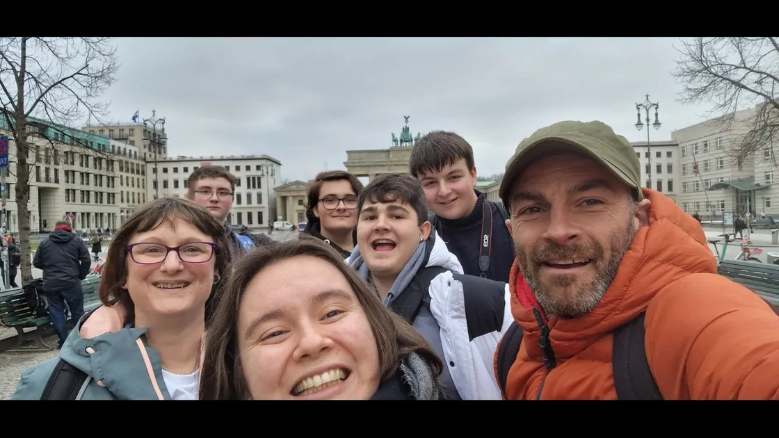 The group from Les Voies in Berlin. Left to right, form teacher Tracey Trenchard, Thomas Chaddock, 15, form teacher Rebecca Leong, Jessica Garnham, 16, Berto Fernandes, 15, Alexander Ceillam, 16, and form teacher David Merris.