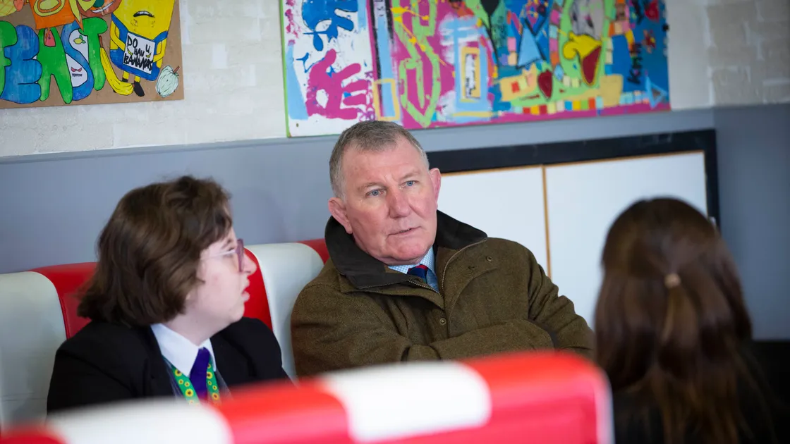 Lt-Governor Lieutenant General Richard Cripwell talking to St Sampson’s High school council members Charlotte Dicker, 13, left, and Gracie Guille, 12, about improvement it has brought to the school. (31899668)