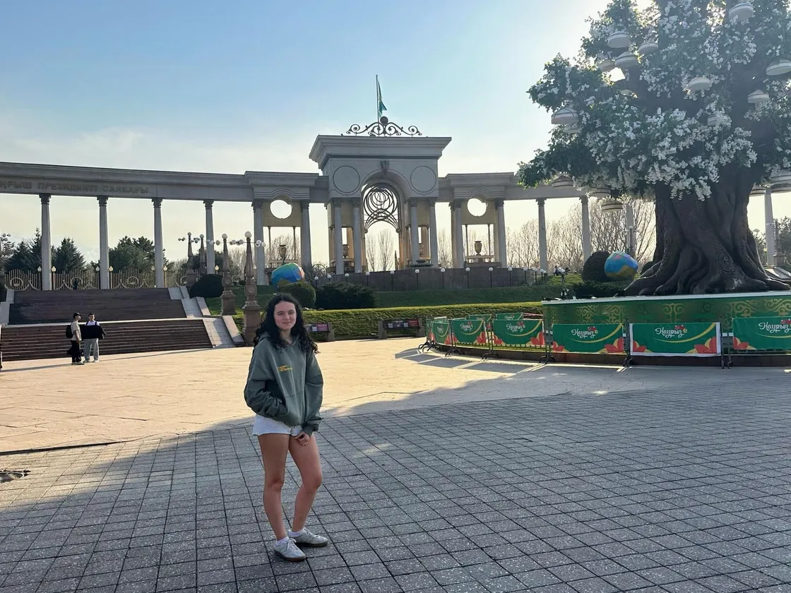 Chloe de la Mare enjoying a spot of sightseeing in Kazakhstan.
