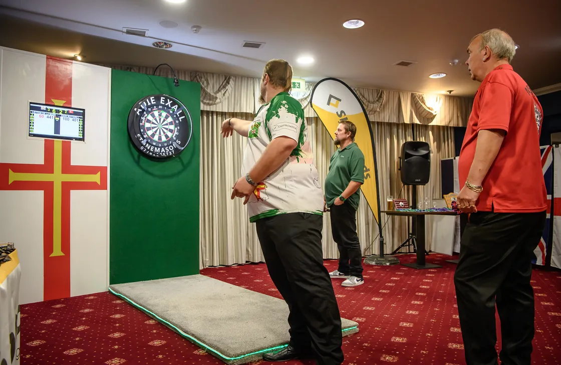 Home player Leyton de la Mare up against Medway’s Dave Botterill at La Villette Hotel