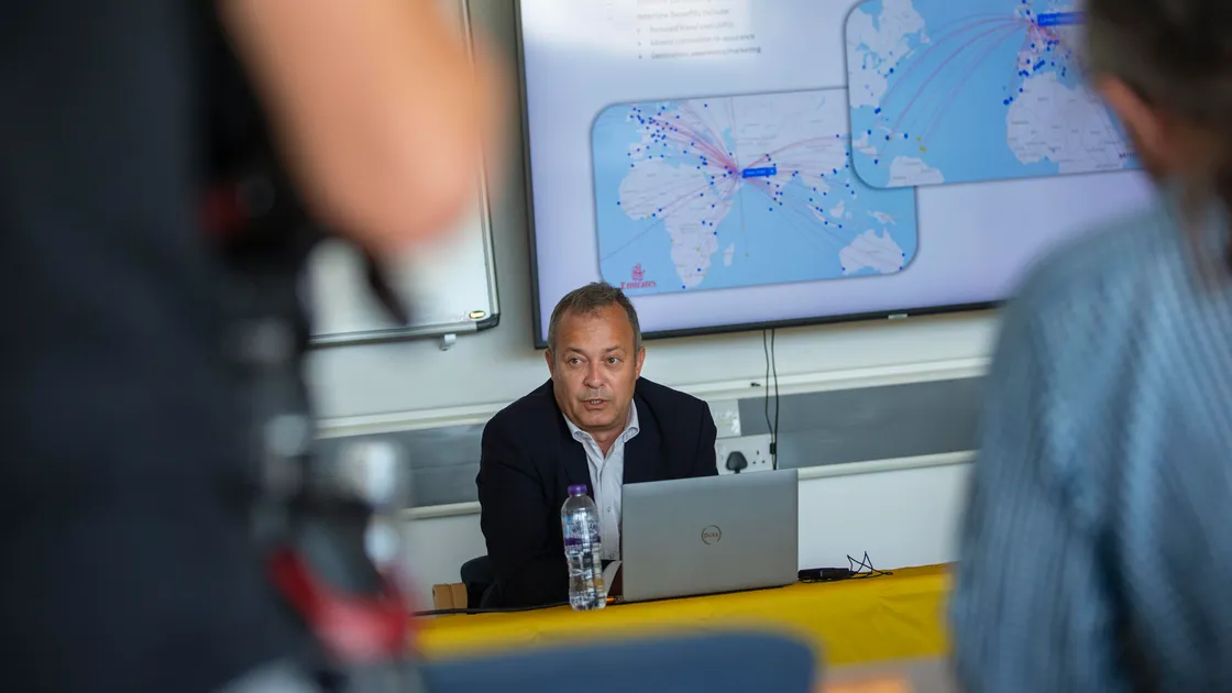 Aurigny CEO Nico Bezuidenhout talking at a press conference to local media. (Picture By Peter Frankland, 31059829)