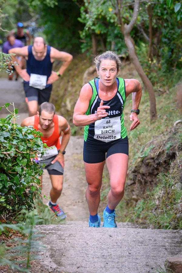 Women's record-breaker Katie Birch showing her strength on the steps.