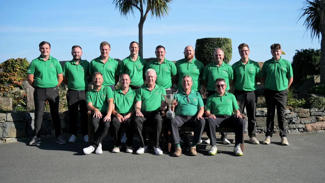 The 2021 Guernsey Golf Team who will be defending the Challenge Trophy at Grouville. Standing, left to right: Jeremy Nicolle, Tom Pattimore, Danny Bisson, Danny Blondel, Jamie Blondel, Tom Le Huray, Mick Marley, Ollie Chedhomme and reserve Rory McKenna. Seated, left to right: Steve Mahy, vice-captain Wayne Harwood, captain Dave Jeffery, GGU chairman Geoff Orme, Arthur Evans..Picture by Gareth Le Prevost, 06-09-21. (29964409)