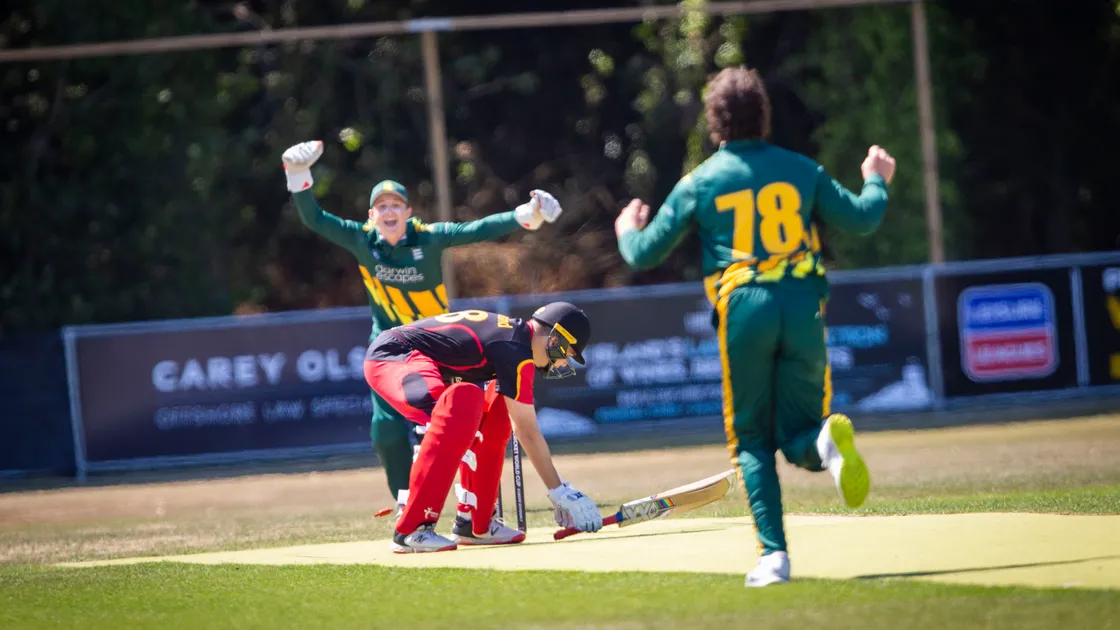 Charlie Birch claims his first wicket after Niall Perfect chops the ball onto his own stumps. (Picture by Sophie Rabey, 31119005)