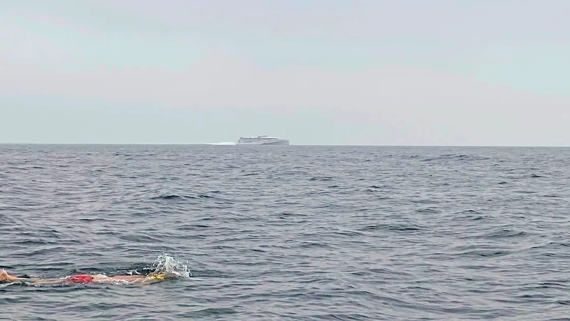 Adrian Sarchet mid-channel on Monday as he attempted to become the first person to swim solo from Guernsey to France. Image supplied by Mandy Macelworth.  (28569955)