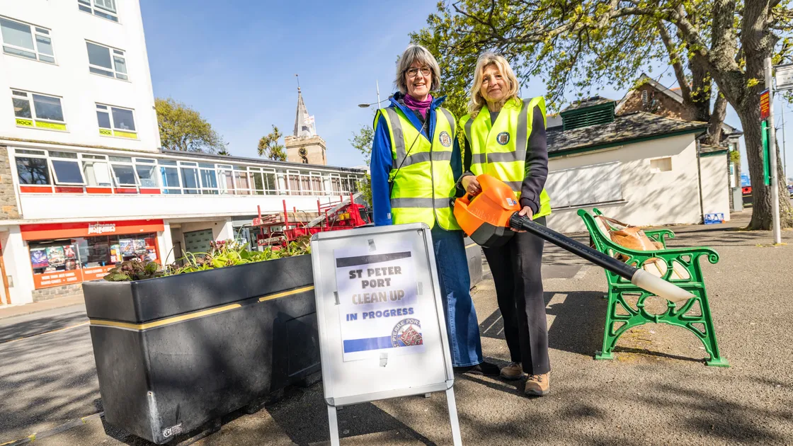 St Peter Port douzeniers Odette Duerden, left, and Gaby Betley have been taking on the task of cleaning up the town, including clearing cigarette butts from the pavements around the bus terminus.