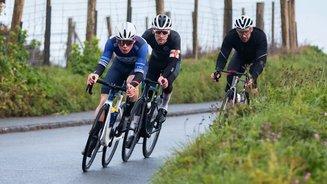 Sam Culverwell leading the way in the Guernsey Velo Club’s Reservoir road race on Sunday, his first local outing since his AT85 Pro Cycling team folded due to financial issues. (Picture by Luke Le Prevost, 31944701)
