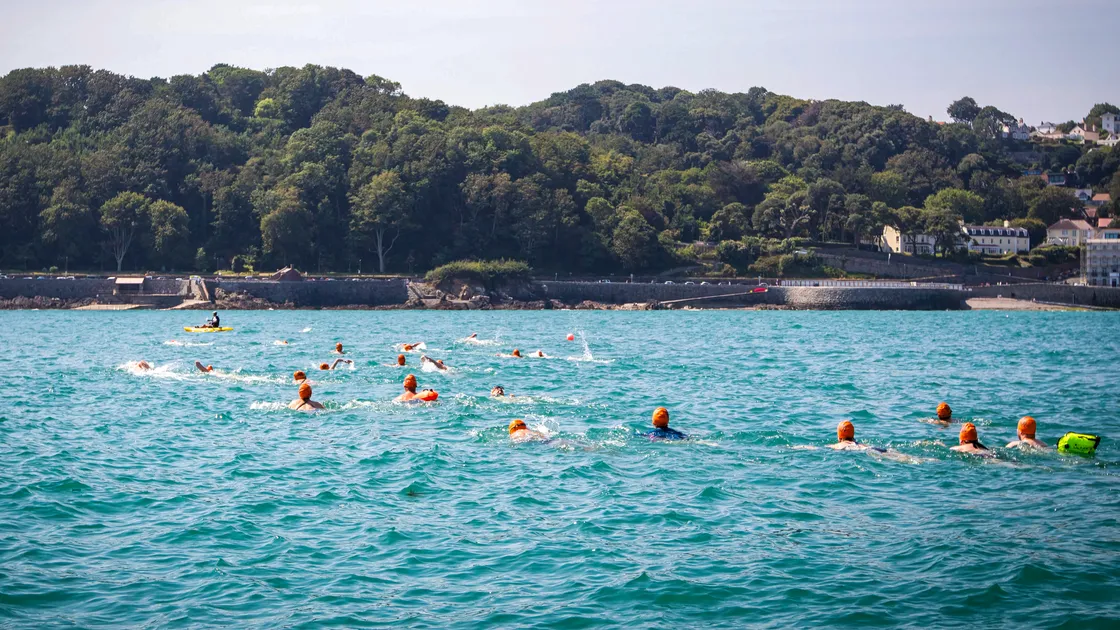Some of the 700-plus swimmers setting off across the bay.