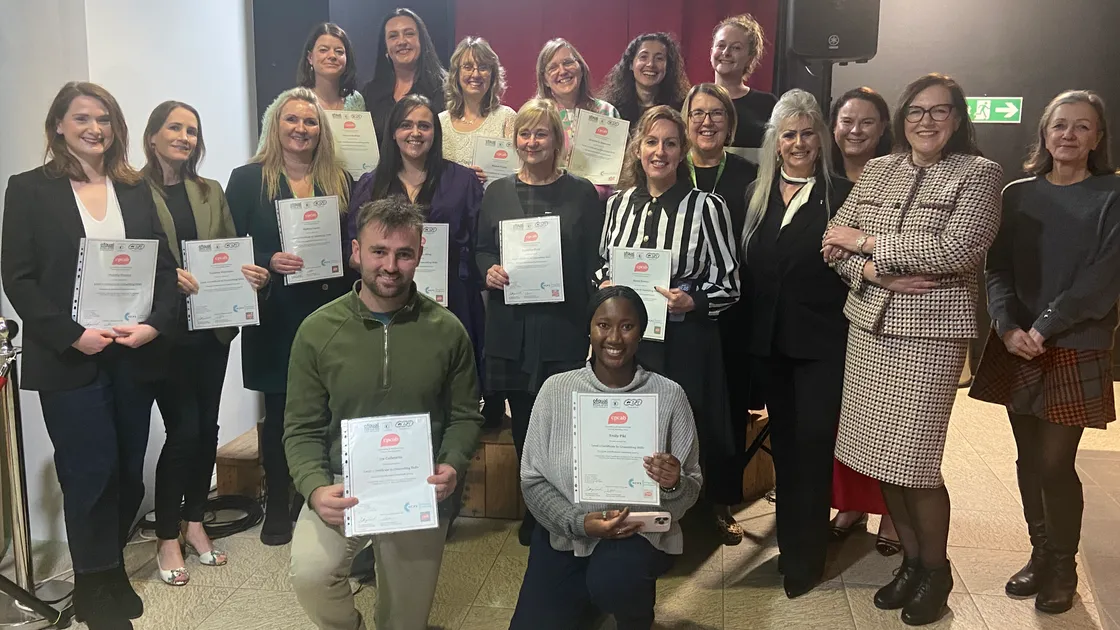 The Guernsey Institute’s first Counselling Skills graduates, who completed a year of Level 2 training in January. Pictured in the middle of the back row, fourth from the left, is student Mich Le Messurier, with Jodie London on the right. In the row in front – fifth, fourth and third from the right are course tutors, Jana Noyon, Karla Rumens and head of department, Lucy Mallett. 