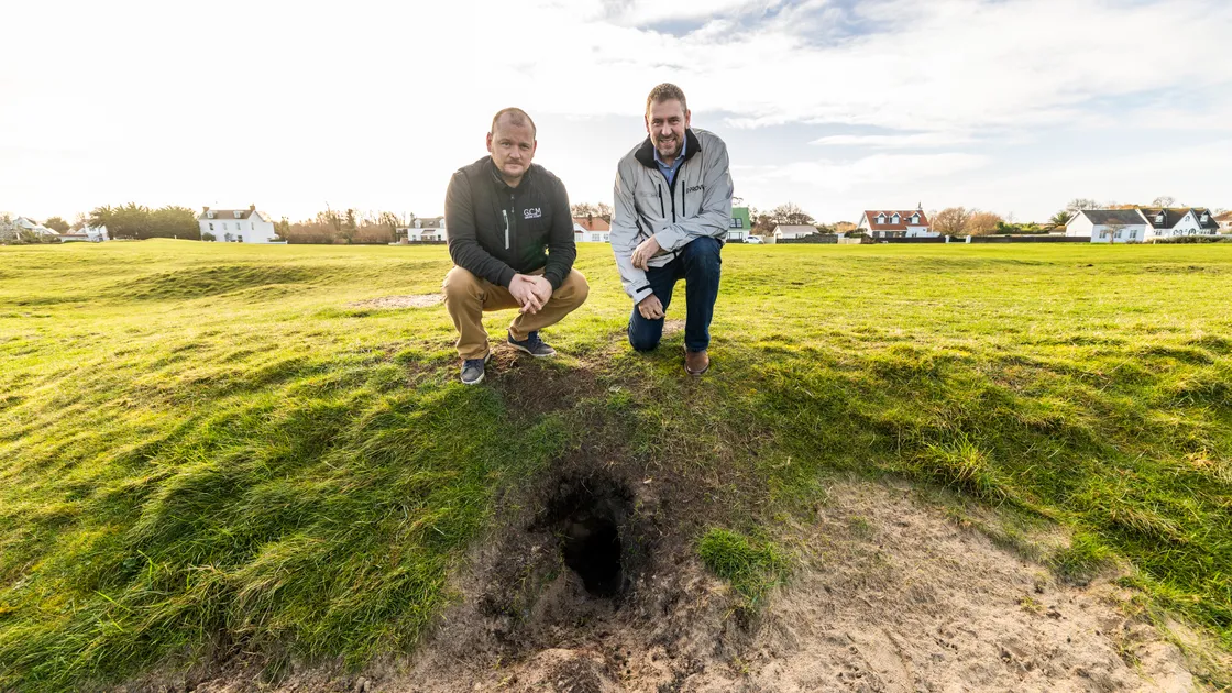 L’Ancresse golf course manager Michael Harris, left, and president of the Vale Commons Council Andre Quevatre. There is an ongoing problems with  rabbits on the common, creating burrows and leaving mess everywhere.					 (Picture by Sophie Rabey, 34592091)