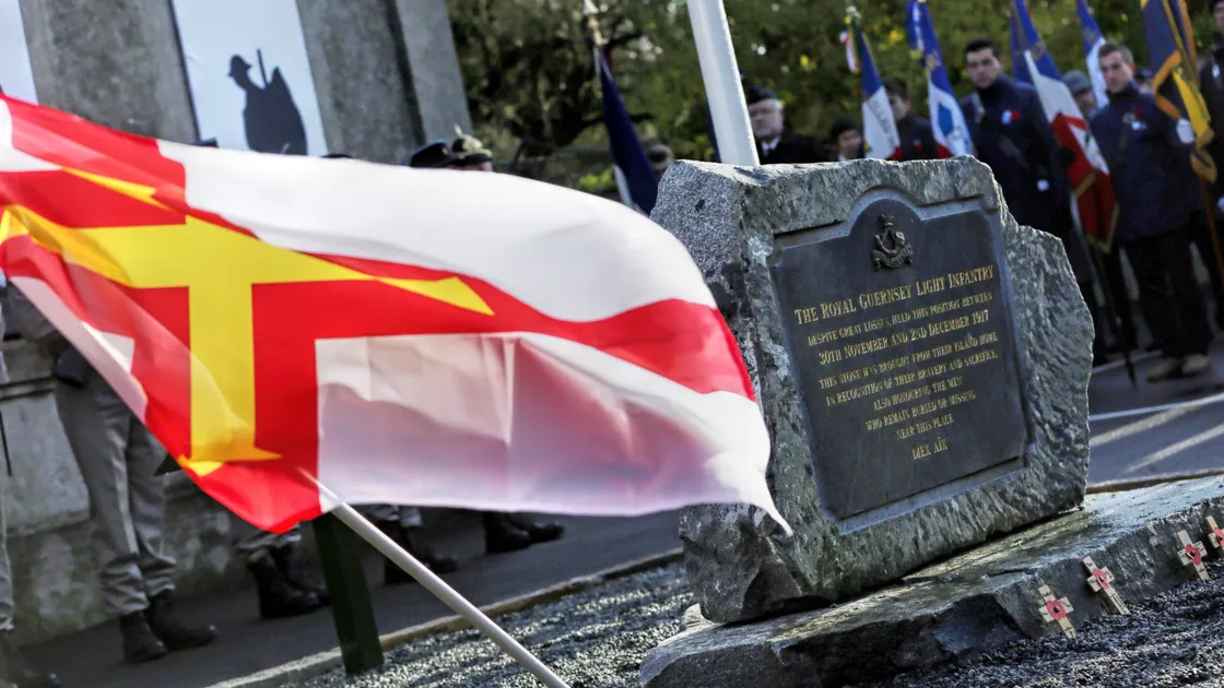 The unveiling of the memorial to the men of the Royal Guernsey Light Infantry Commemoration at Masnieres in 2017.  (Picture by Peter Frankland, 26095883)