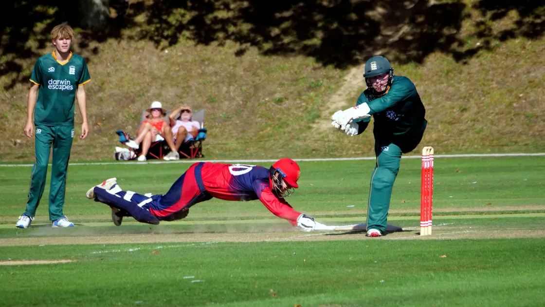 Jersey’s man-of-the-match Ben Ward dives in to complete the winning run on Saturday at Grainville.