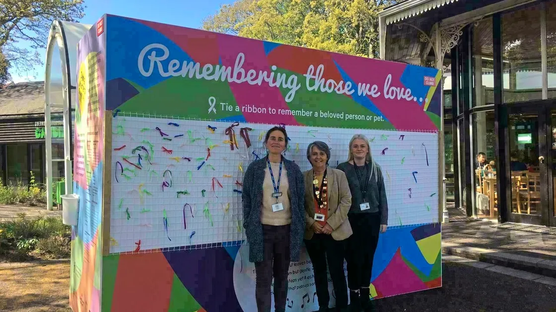 Standing in front of the installation for Dying Matters Week outside the Guernsey Museum at Candie are, left to right, Jo Dowding, the museum’s access and learning manager, Denise Ozanne, Sunflower Project bereavement worker, and bereavement support worker Mair Skillett. (Picture by Emily Hubert, 29540015)