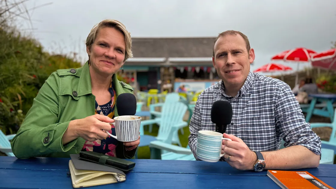 Guernsey Press Politics Podcast host Matt Fallaize and Deputy Sasha Kazantseva-Miller at Port Soif kiosk. (Picture by Tony Curr, 33409035)