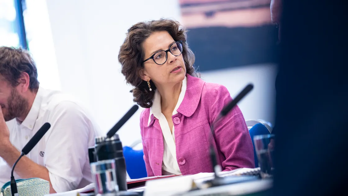 Education Sport & Culture president Andrea Dudley-Owen at yesterday’s Scrutiny hearing. (Picture by Peter Frankland, 32268034)