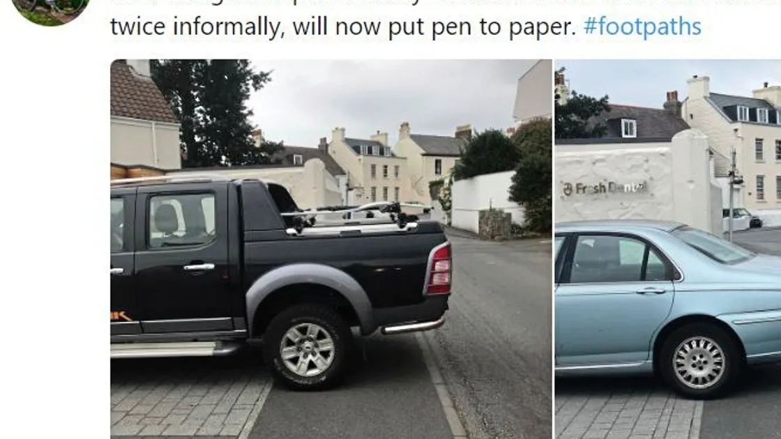 Environment & Infrastructure president Barry Brehaut’s comments about cars parked across the pavement in Le Foulon outside Fresh Dental with his own photographs. (22424637)