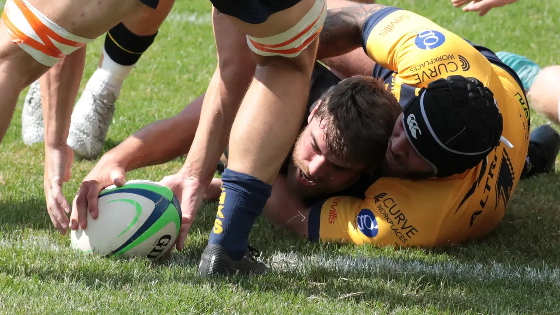 Matt Creber touches down to score the first Raiders try of the new season. (Picture by Mike Marshall, 32490569)