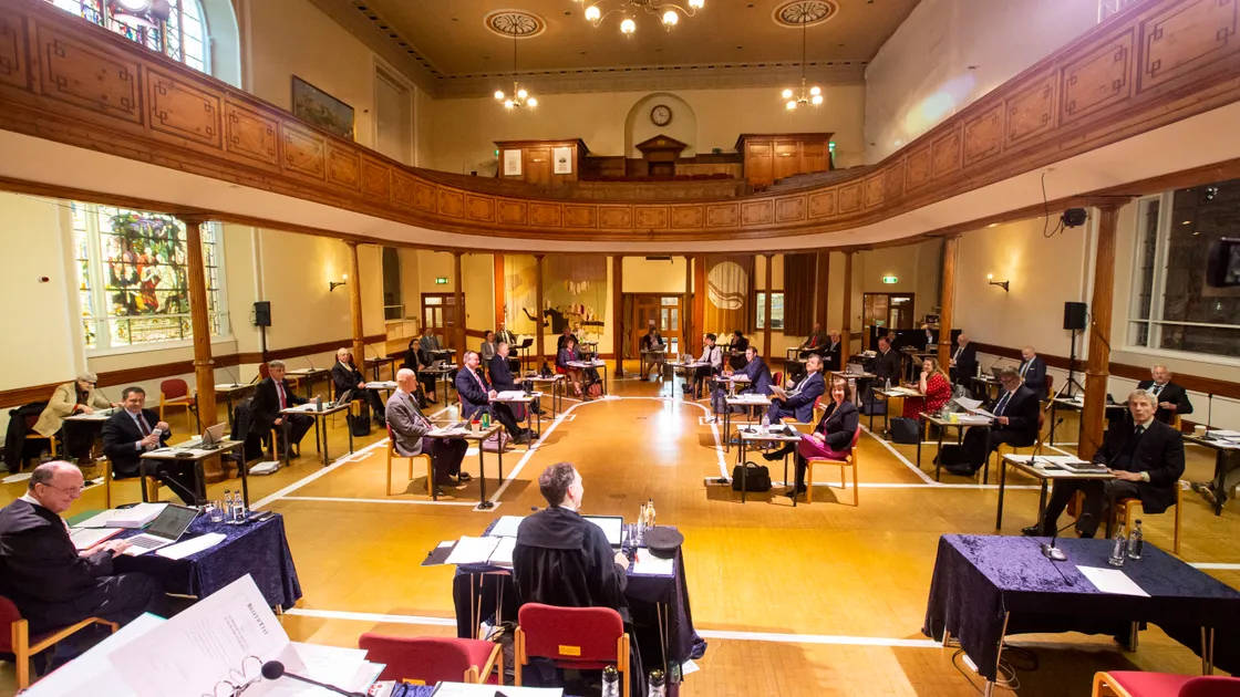 An unusual setting for a States meeting, which was held in St James to allow for social distancing during lockdown. An indpeendent governance review has said the island's committee-based system lacks clarity. (Picture by Sophie Rabey, 28532791)