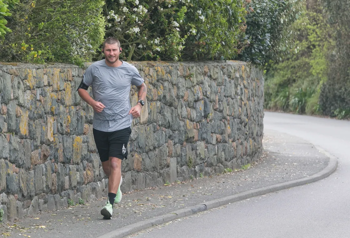Pic by Adrian Miller 20-04-20 Jack Domaille from Access Scaffolding is running 4 miles every 4 hours for 48 hours to raise money for the States of Guernsey Covid19 Response Appeal Fund.. (28072964)