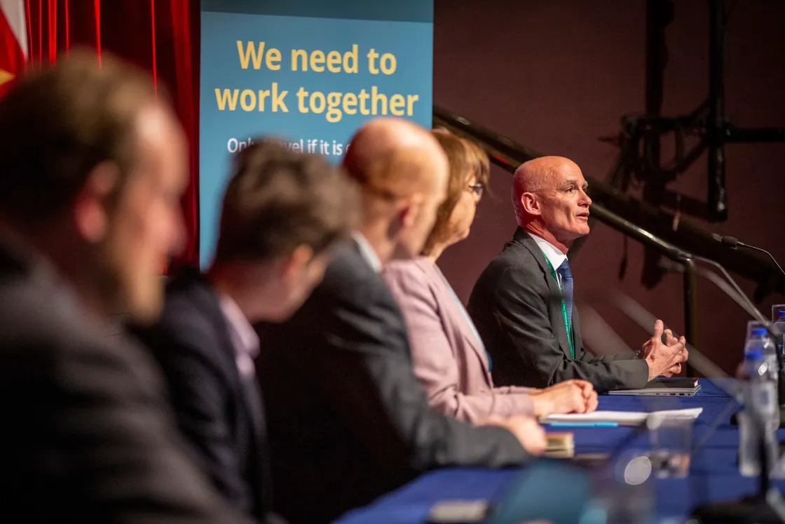 Picture by Sophie Rabey.  07-04-20.  Press Conference at Beau Sejour regarding Coronavirus.  Conference panel L-R Chief Executive Paul Whitfield, Health & Social Care president Heidi Soulsby, Deputy Gavin St Pier, Director of Public Health Dr Nicola Brink, HSC medical director Dr Peter Rabey.. (27913893)