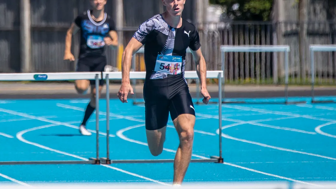 Alastair Chalmers storming to victory in the 300m hurdles race earlier this month. (Picture by Sophie Rabey, 28494842)